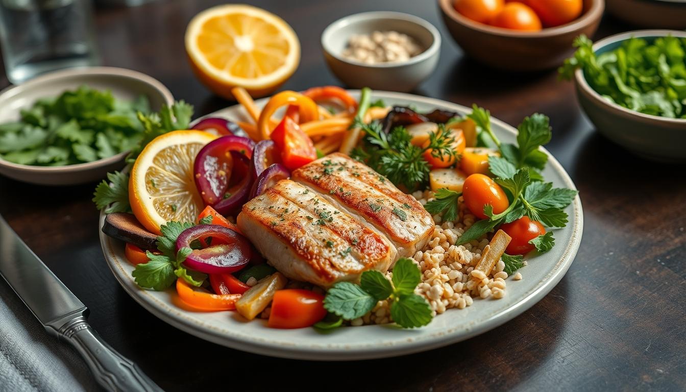 Balanced healthy meal prepared in a home kitchen